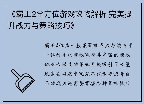 《霸王2全方位游戏攻略解析 完美提升战力与策略技巧》